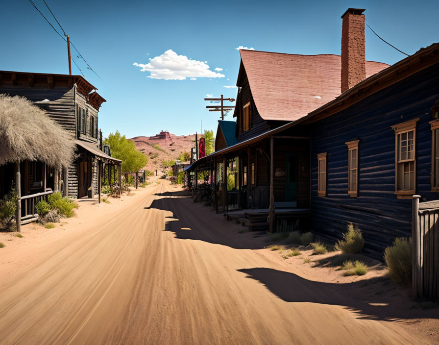 Deserted Street with Vintage Wooden Buildings in Classic American Wild West Ambiance