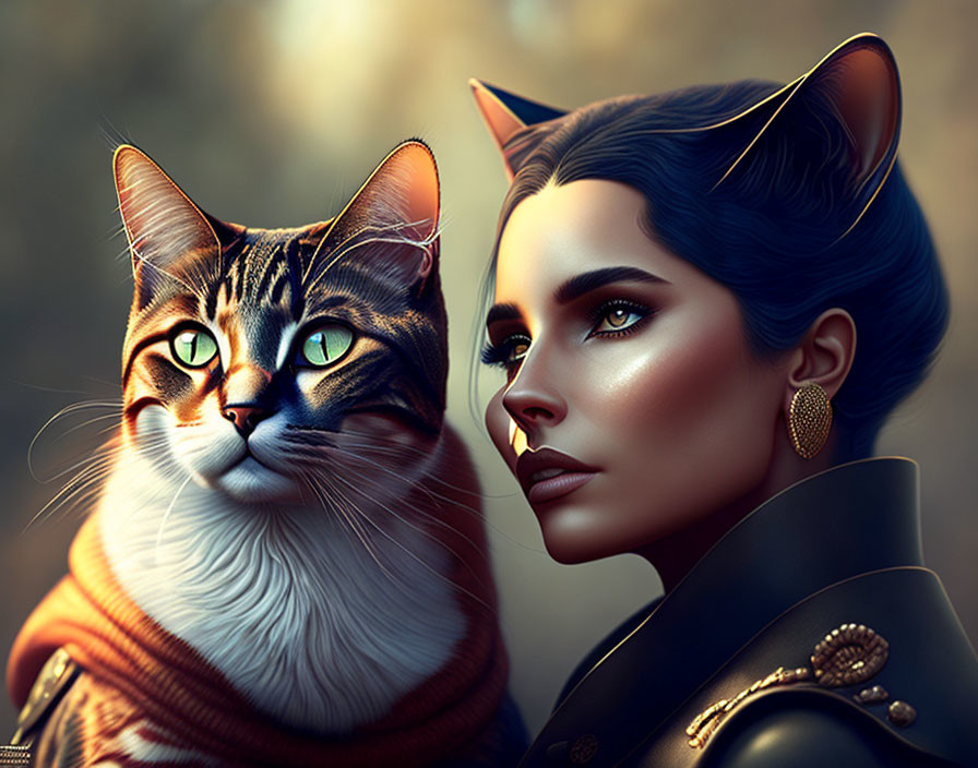 Digital artwork: Woman with cat-like features and tabby cat beside her, both looking sideways, against