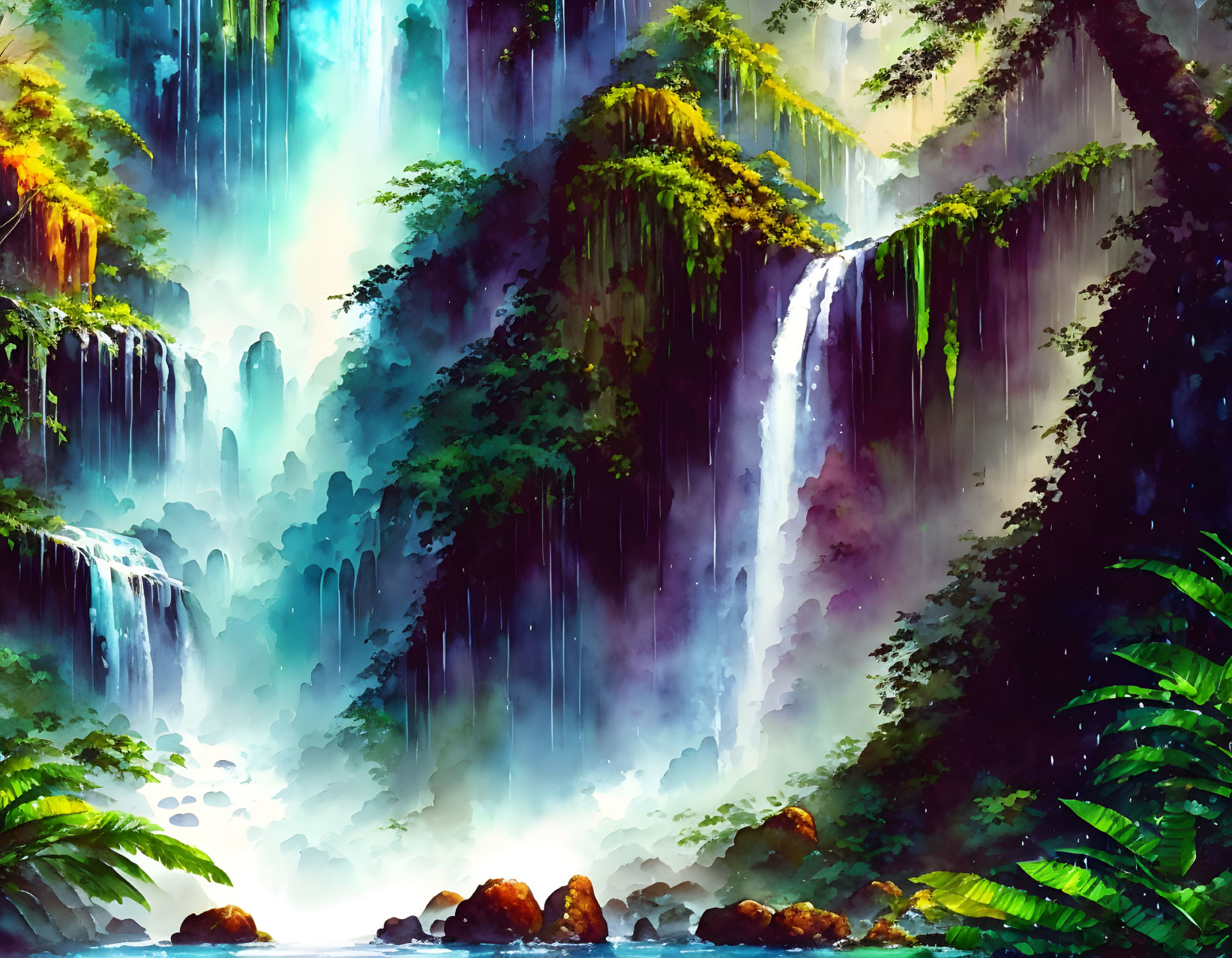 Lush Waterfall Painting with Vivid Blues and Greens