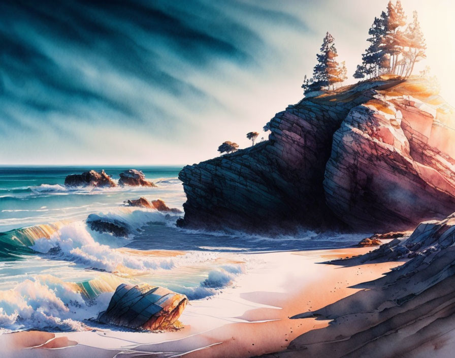 Serene beach scene with rocky cliff and pine trees