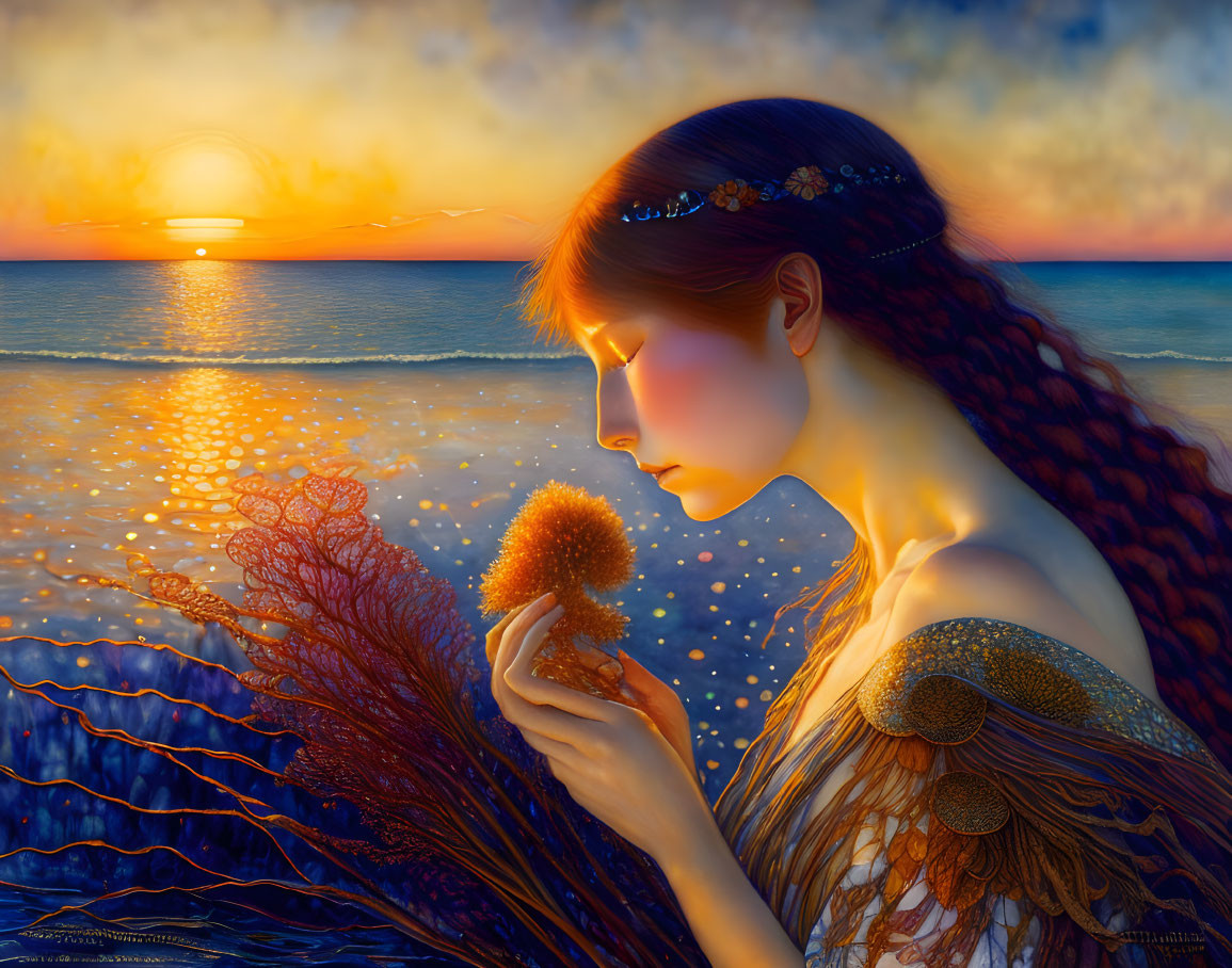 Woman with braided red hair holding coral by calm sea at sunset