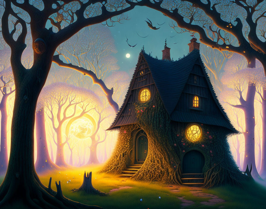 Enchanting twilight scene with cozy cottage and full moon