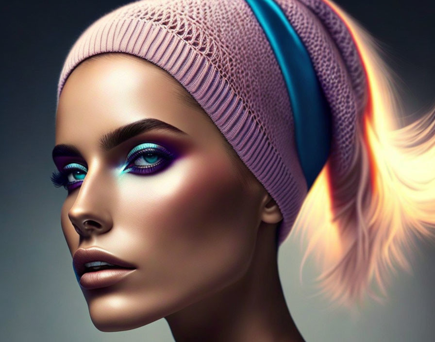 Digital artwork featuring woman with striking blue eyes and pink beanie on dark background