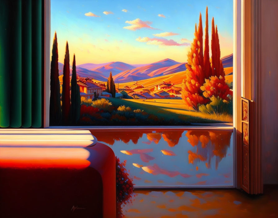 Serene landscape painting with rolling hills and cypress trees