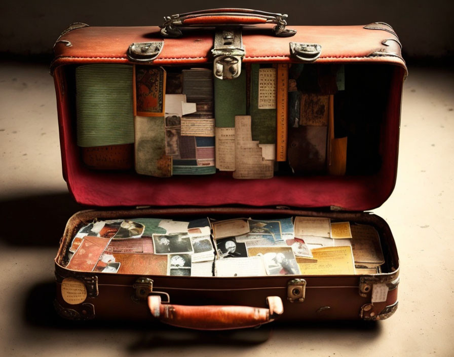 Vintage Suitcase Open with Old Photos and Postcards on Warm Background