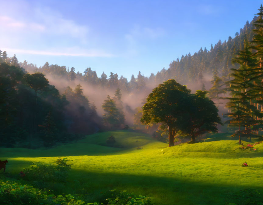 Tranquil forest landscape with morning fog and grazing deer