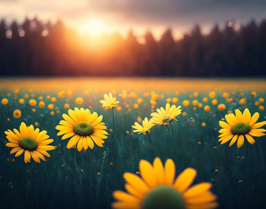 Tranquil yellow flower field at sunset with trees and gradient sky