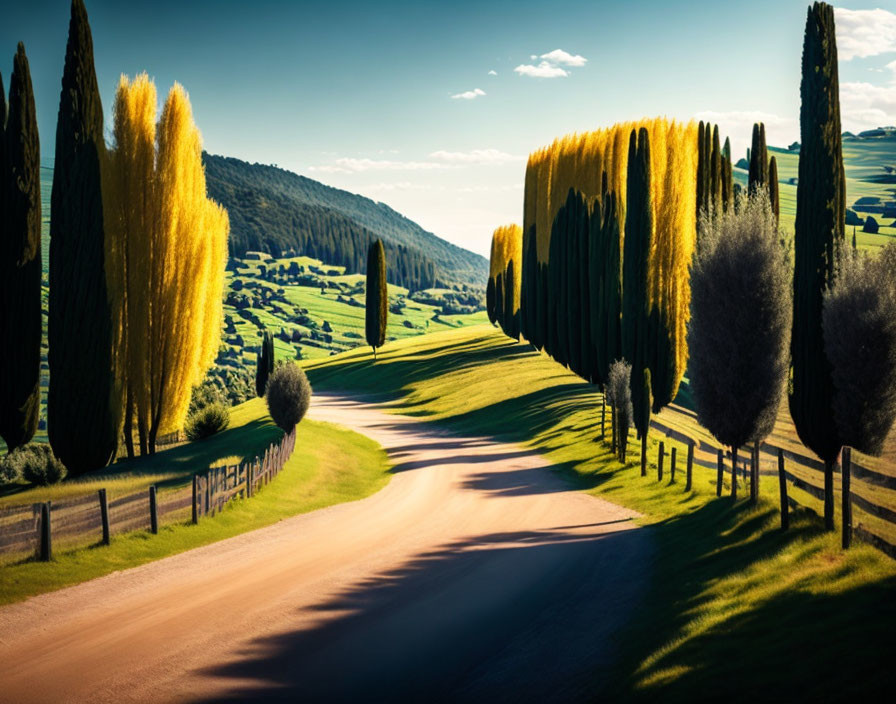 Scenic countryside road with tall cypress trees