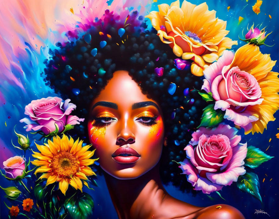 Colorful Afro Woman Artwork with Flowers on Painted Background