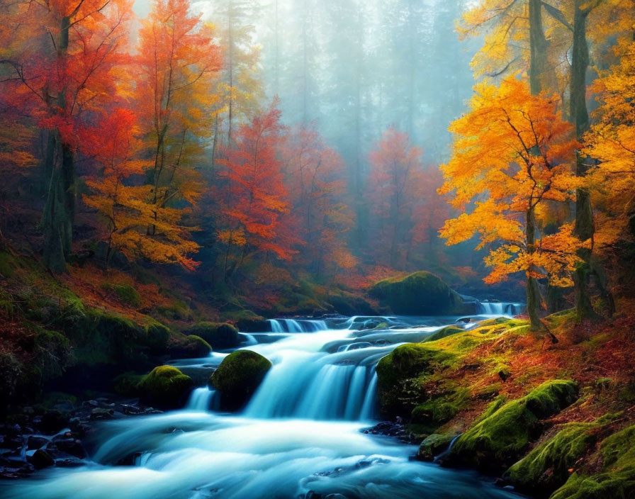 Tranquil Autumn Forest Scene with Stream and Mist