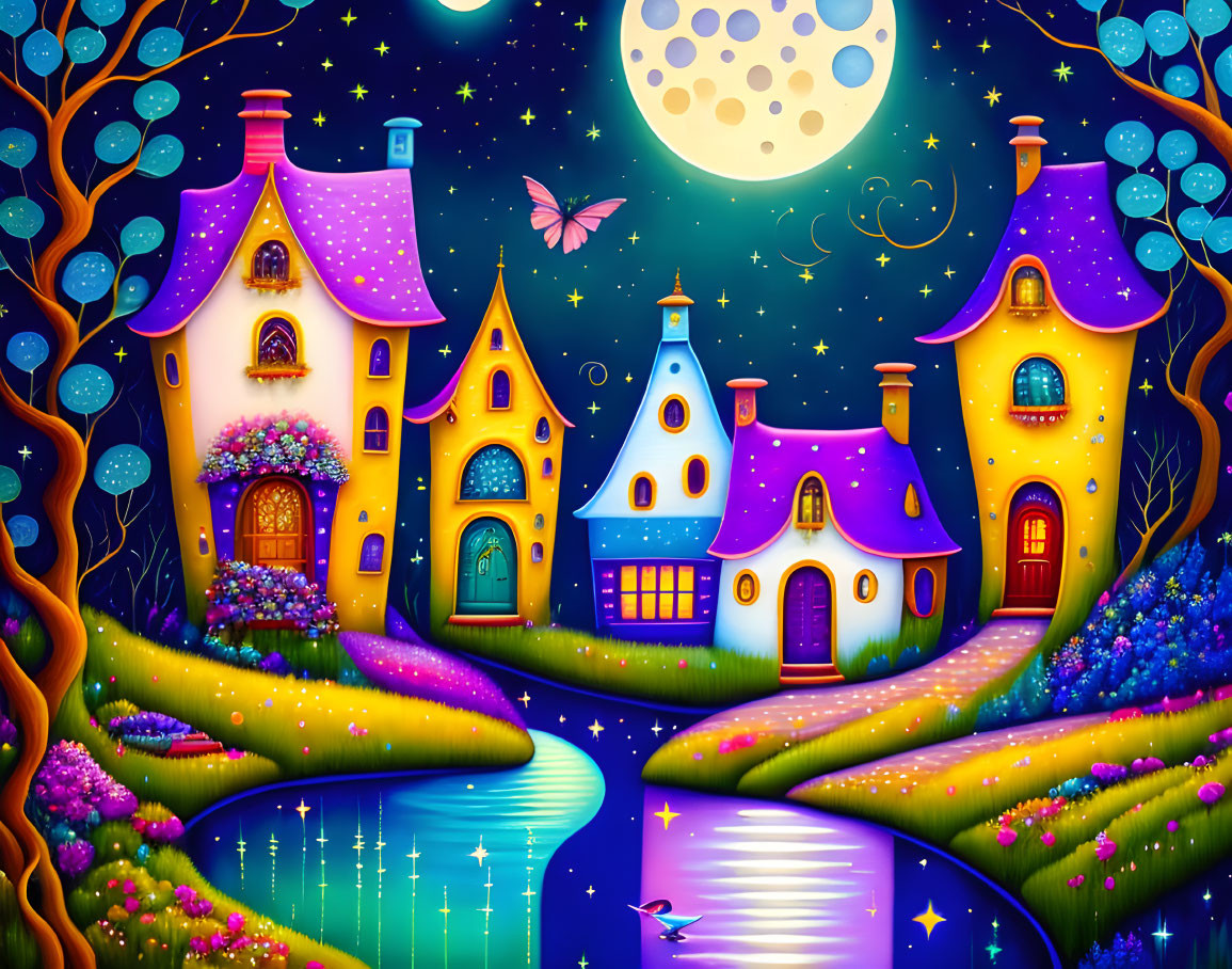 Colorful houses with curvy roofs near river under starry night sky