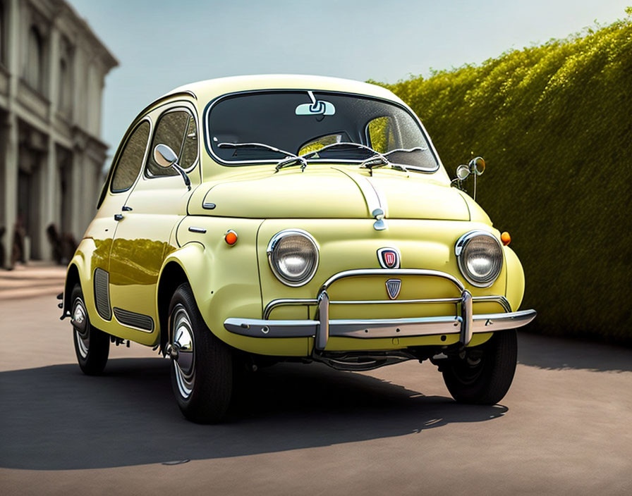 Vintage Yellow Fiat 500 with Rounded Design and Chrome Accents