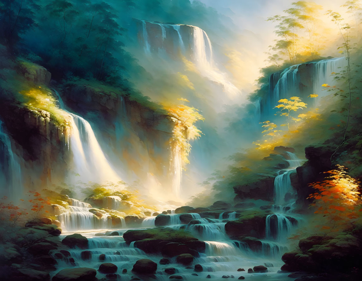 Lush forest with cascading waterfalls in soft sunlight