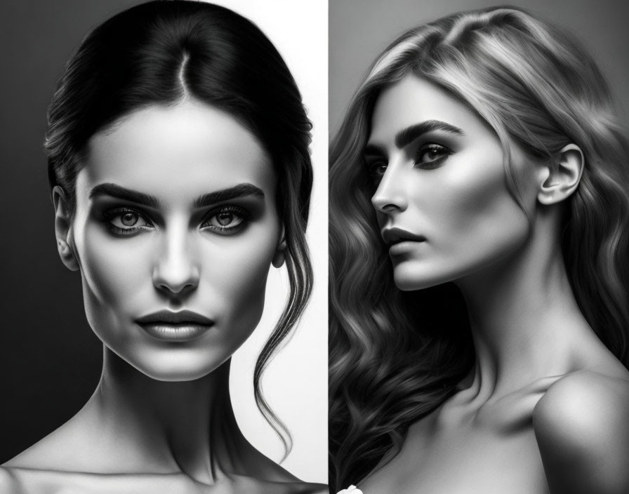 Monochrome image of two women with striking makeup, one facing forward, the other in profile, highlighting