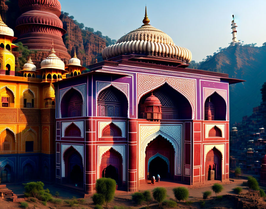 Detailed Illustration: Ornate Indian Palace on Mountainside at Sunset