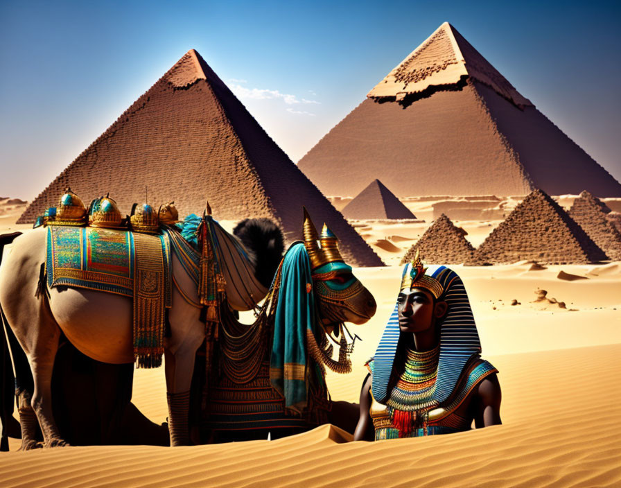 Colorfully dressed camel and ancient Egyptian statue with Great Pyramids of Giza in desert landscape