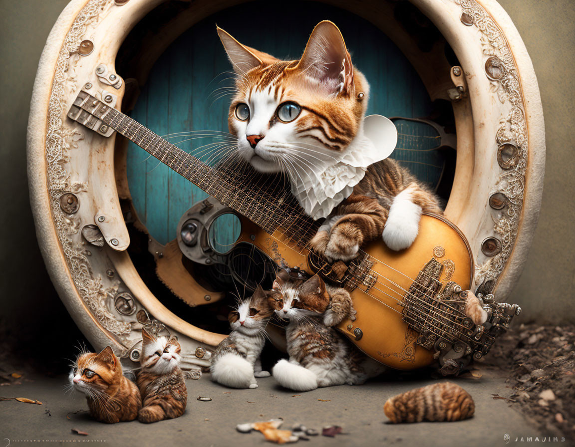 Large cat with ruff collar plays guitar in steampunk setting