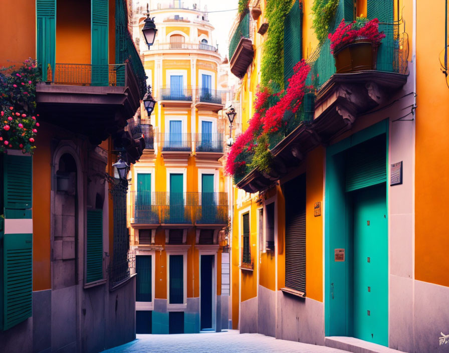 Vibrant Green and Yellow Buildings in Colorful Alley