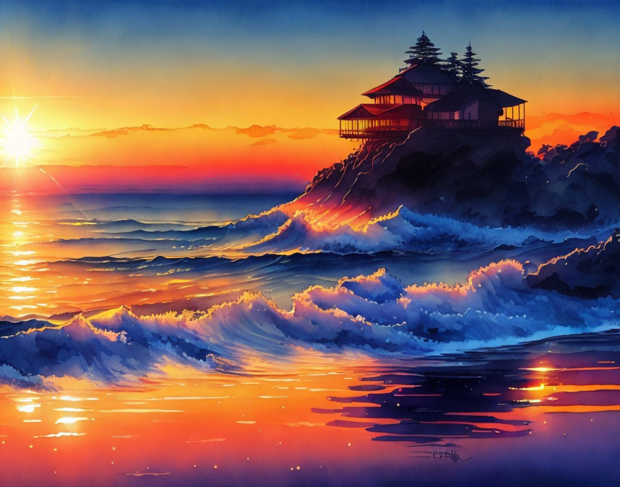 Scenic sunset ocean painting with crashing waves and cliffside house