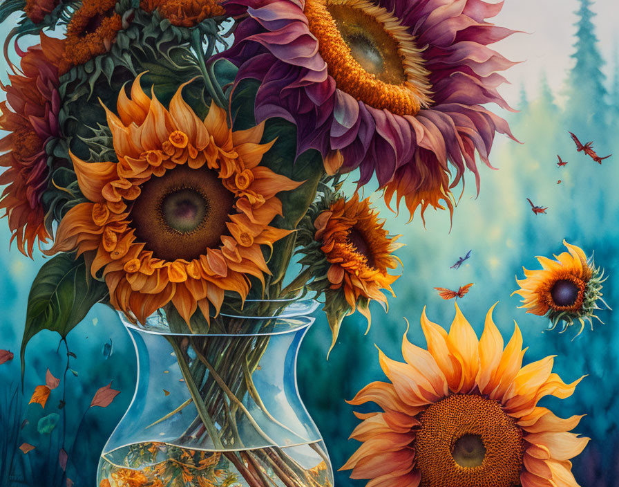 Sunflowers bouquet in glass vase with bees, forest background.