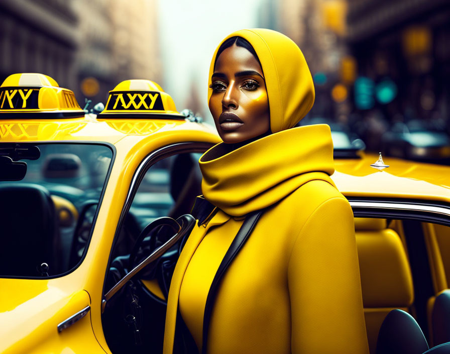 Woman in Yellow Hijab and Coat Blends with NYC Taxis