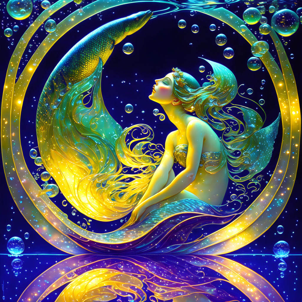 Golden-haired mermaid with glowing fish in starry blue background