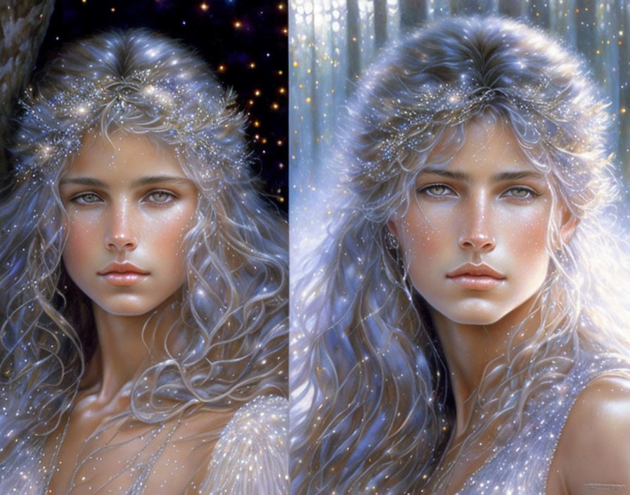 Digital artwork: Woman with blue eyes and silvery hair in starry night and snowy setting