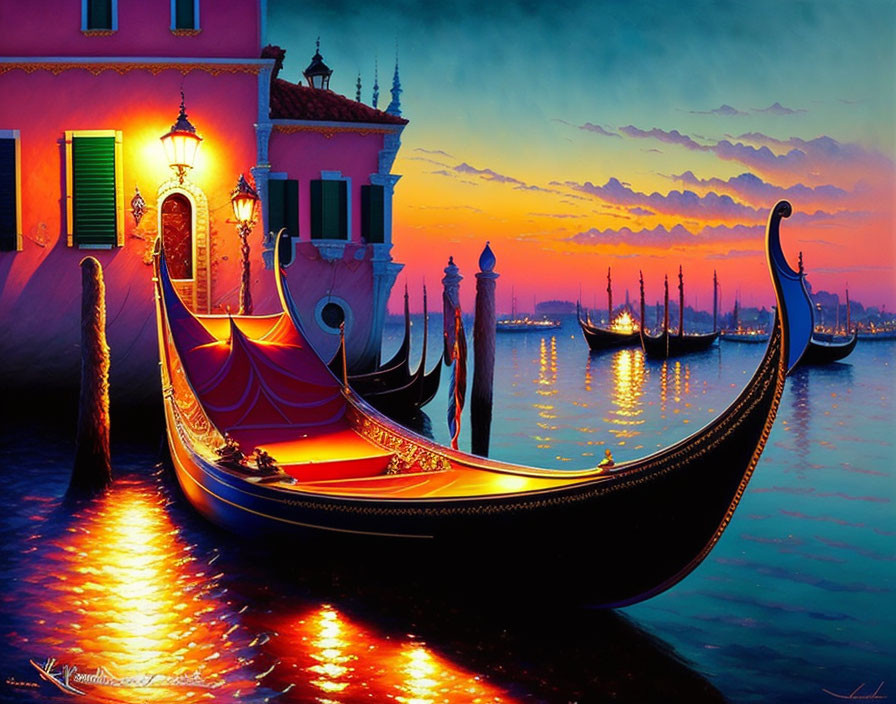 Venice Sunset Painting with Gondolas and Colorful Buildings