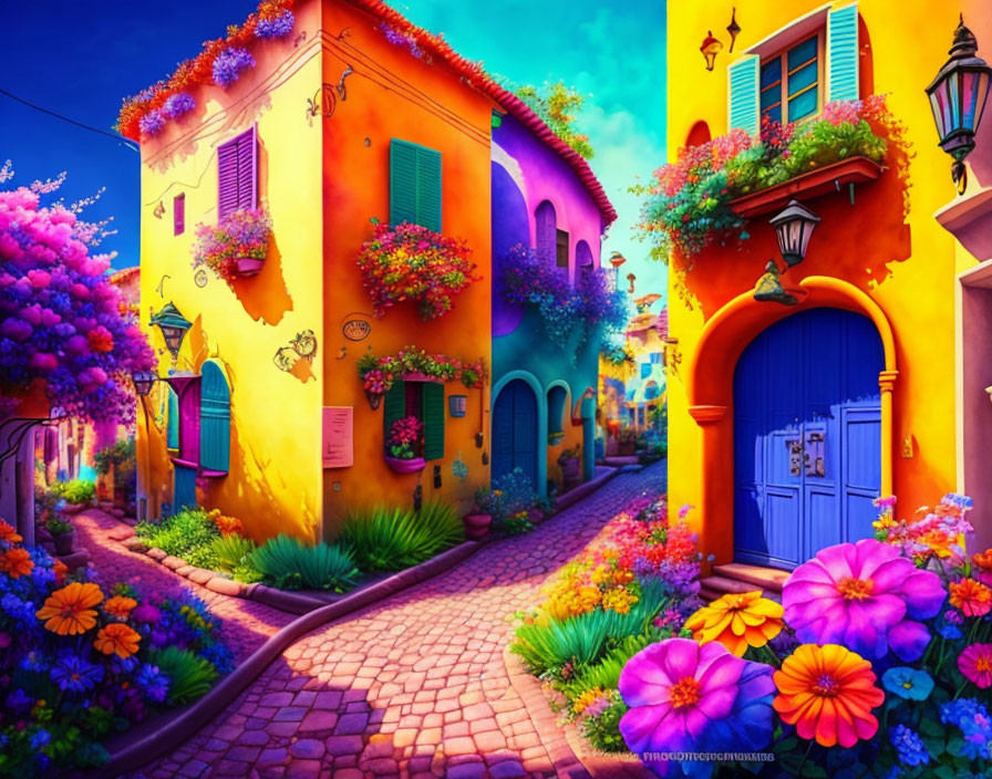 Colorful street scene with cobblestone paths and vibrant buildings