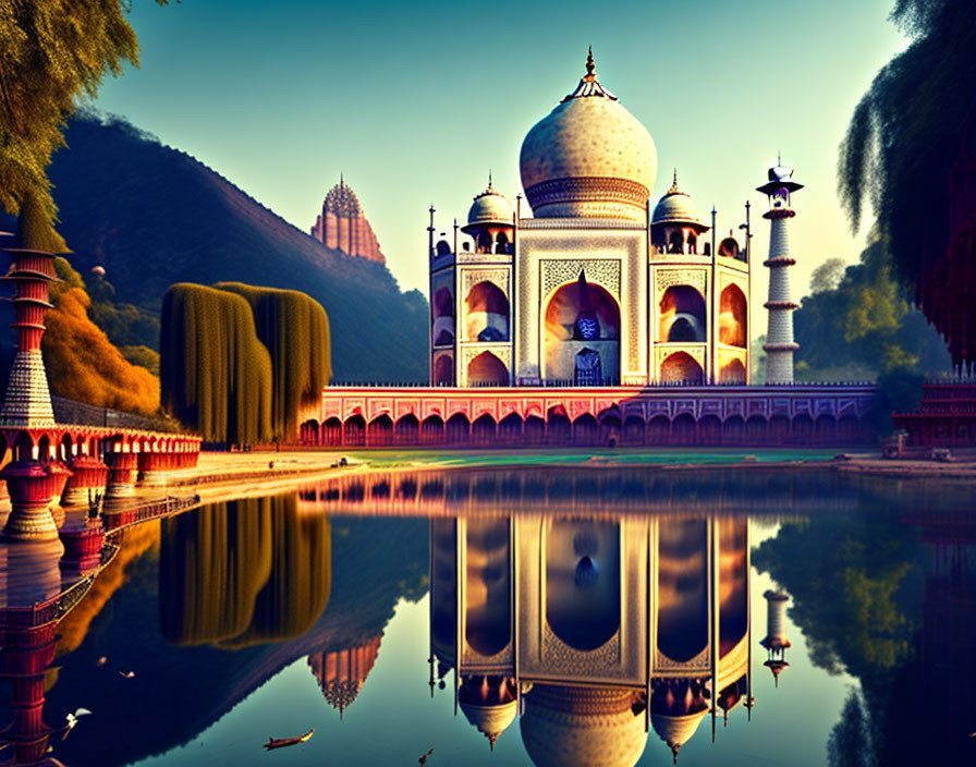 Majestic white marble mausoleum at sunset with minarets, trees, and hills