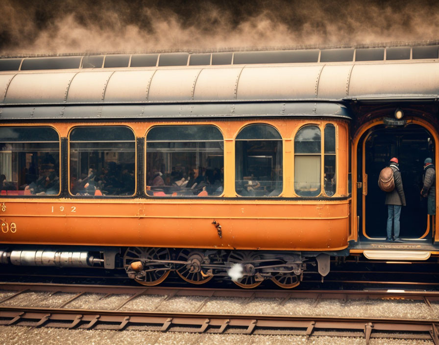 Vintage Train Station Scene with Passengers and Boarding Person, Steam and Nostalgic Ambiance