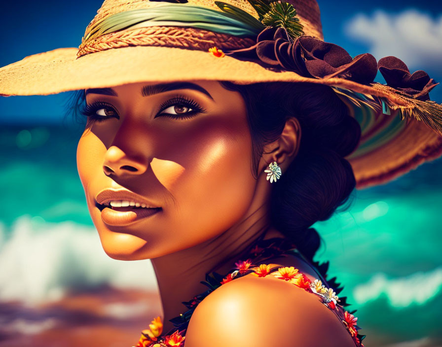 Smiling woman in sunhat near beach with blue water and floral necklace