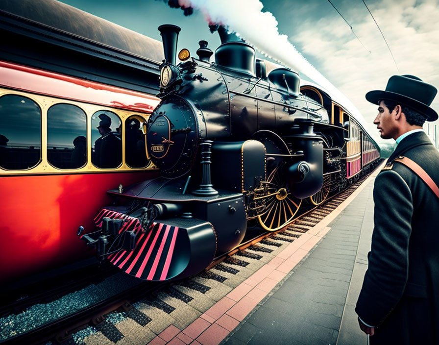 Vintage steam train at station with dapper gentleman in top hat and coat