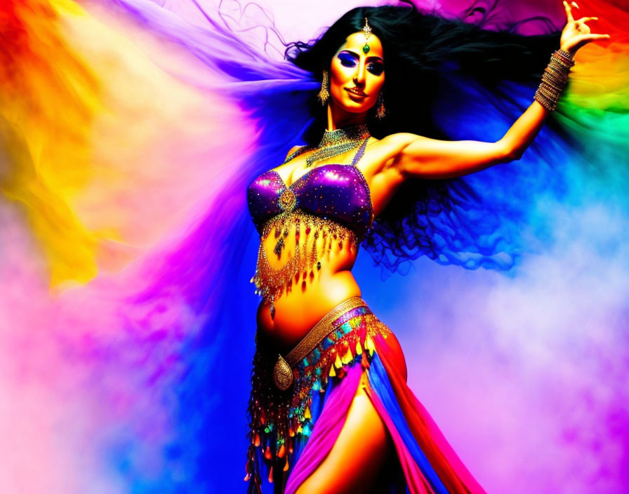 Colorful dancer in vibrant background with motion and energy.