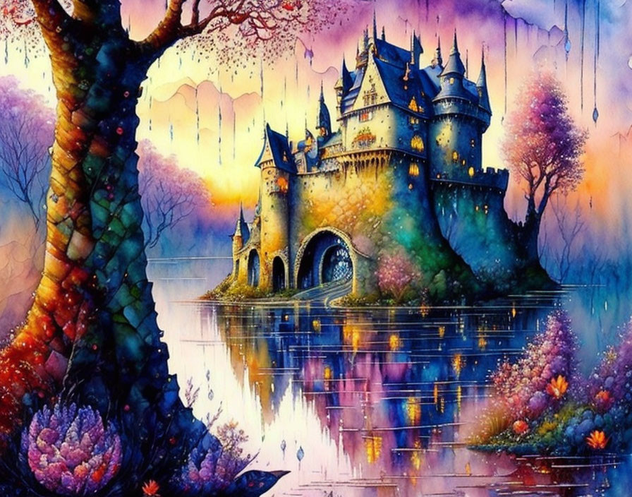 Enchanting castle surrounded by trees on tranquil lake at twilight