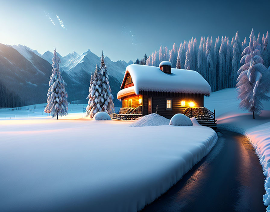 Snowy Twilight Scene: Cozy Cabin in Illuminated Winter Landscape