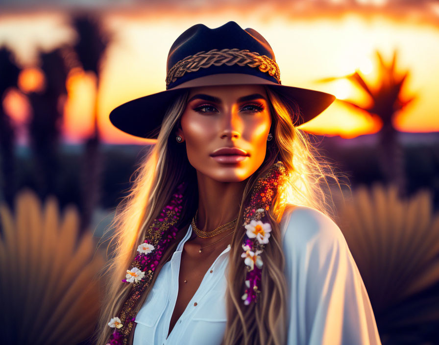 Woman with flower-adorned hair in hat gazes at sunset sky