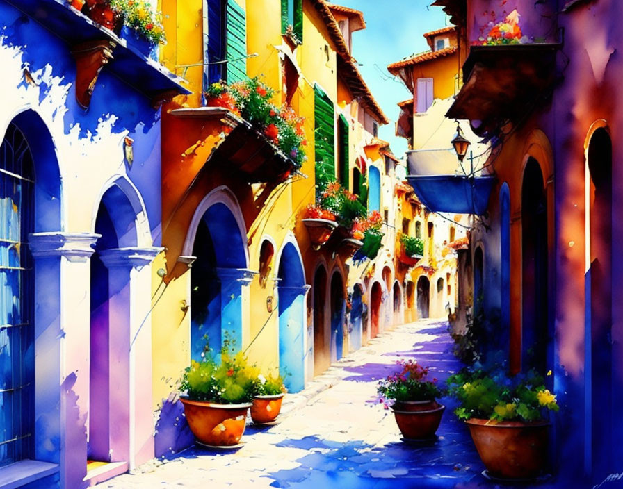 Colorful Watercolor Painting of Quaint Street with Flower-Adorned Houses