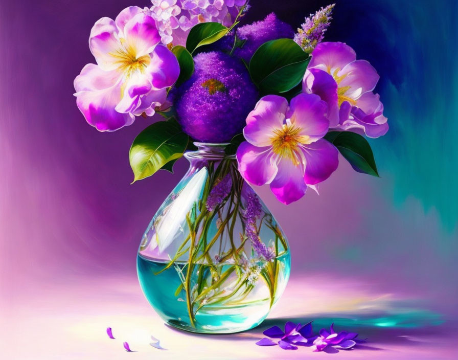 Pink and Purple Flowers in Transparent Blue Vase on Purple Background