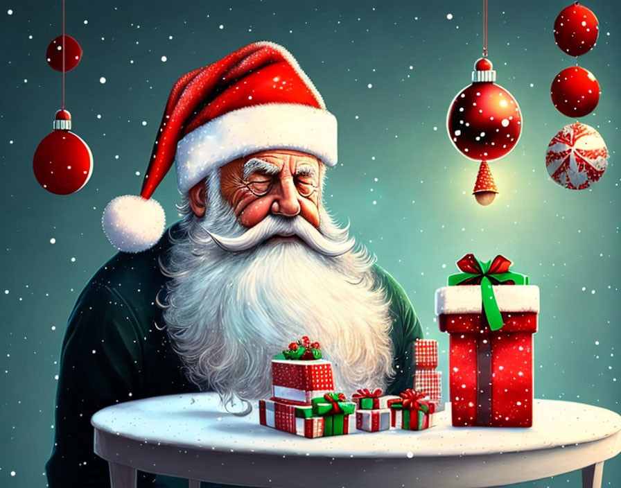 Santa Claus illustration with gifts and ornaments on snowy backdrop