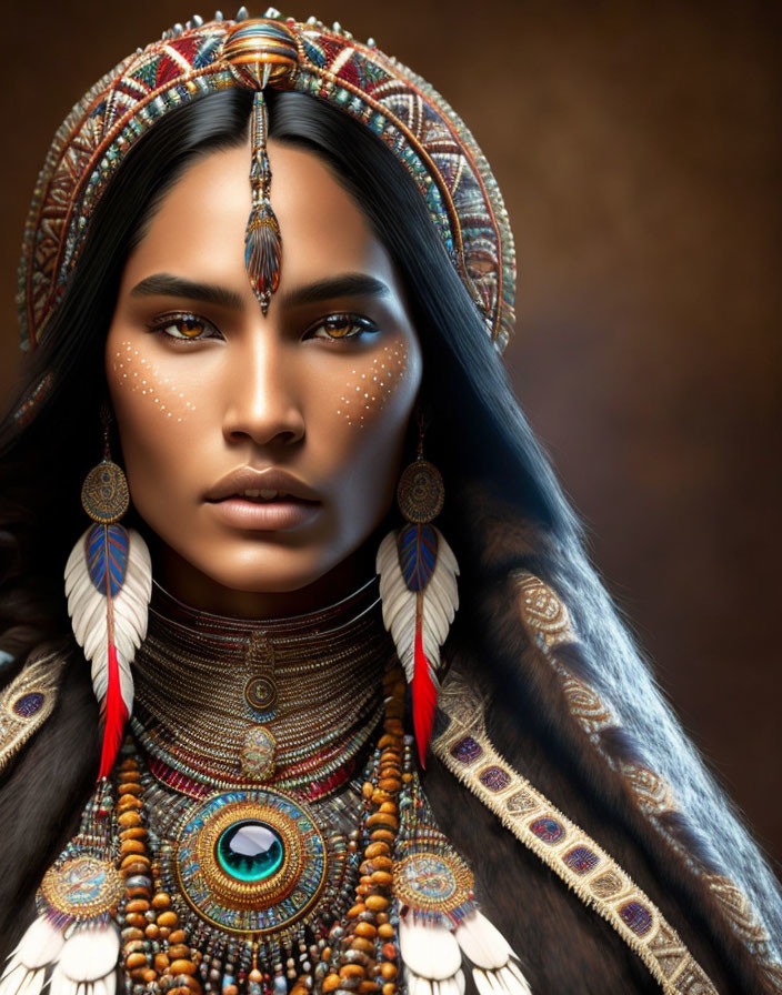 Native Attire: Intricate Beaded Accessories on Person with Long Hair