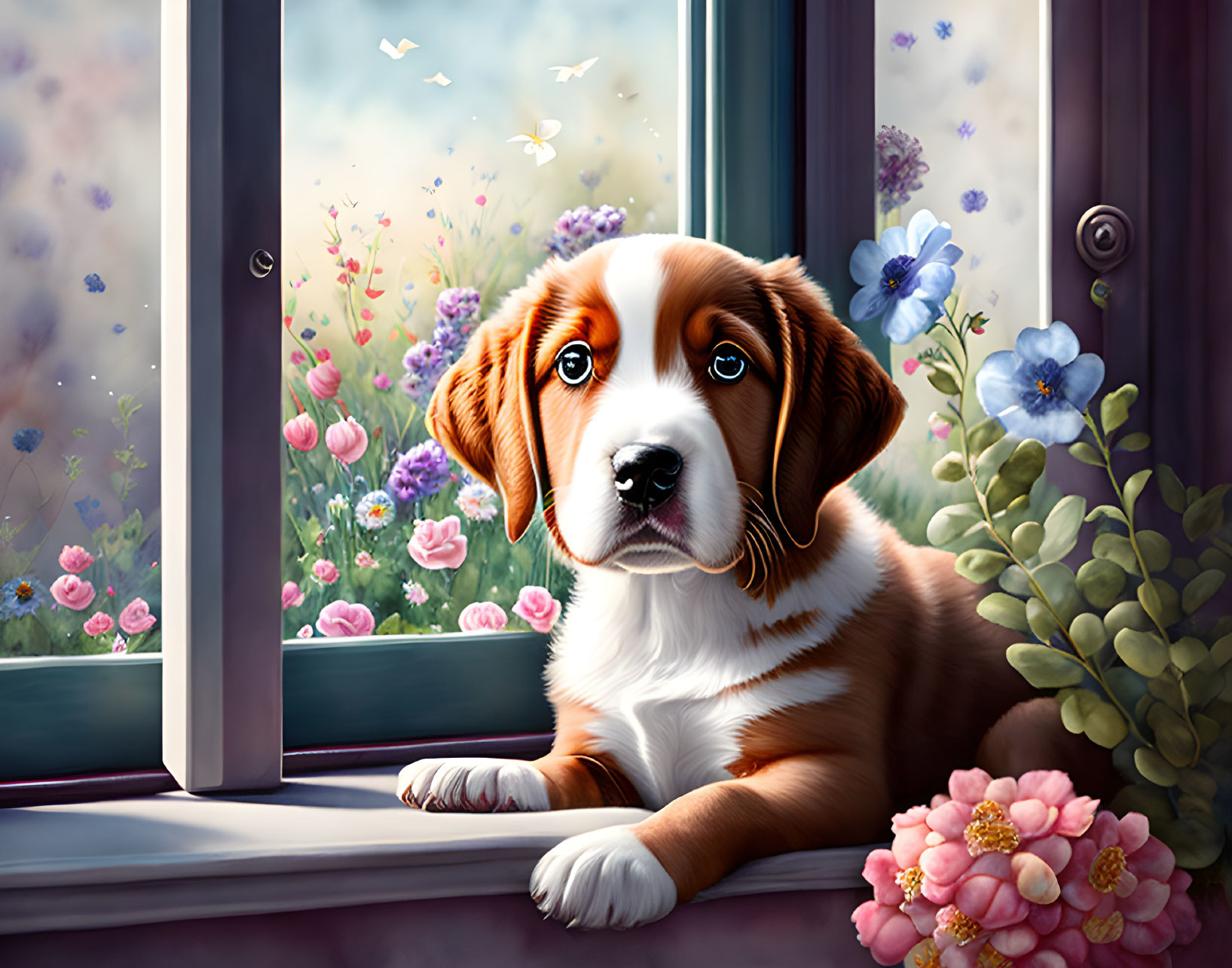 Brown and White Puppy Resting by Open Window with Sunny Garden View