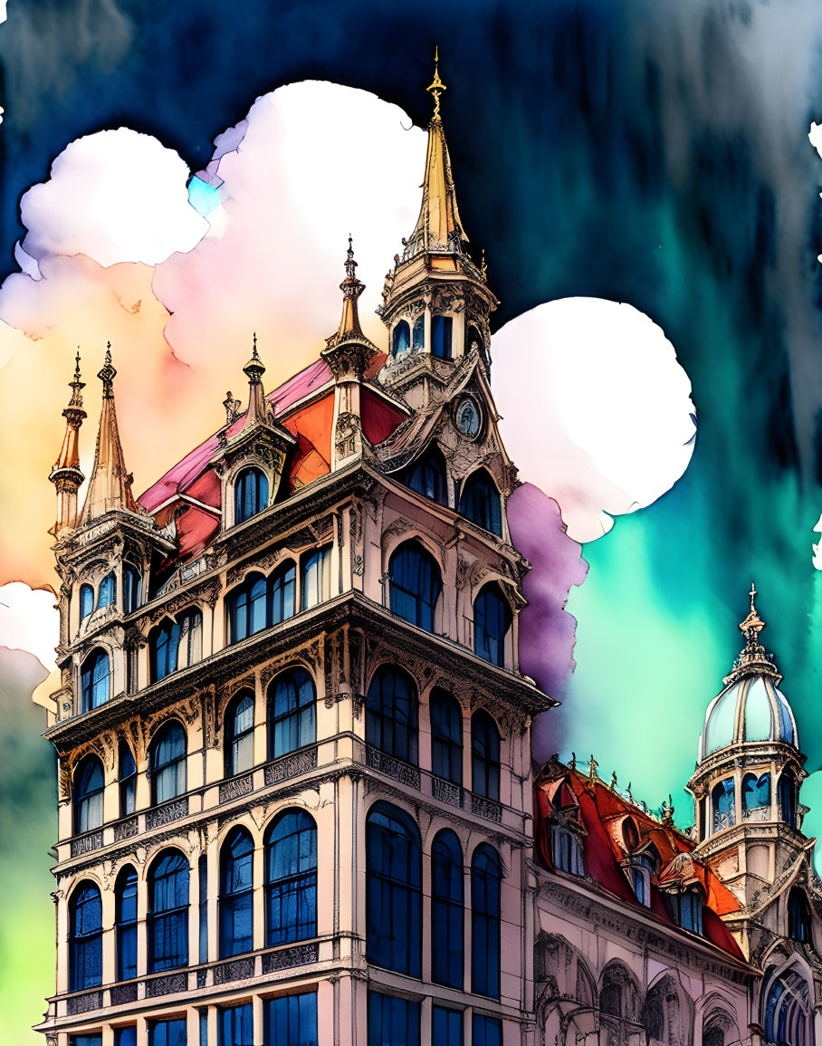 Vibrant Gothic-style building illustration with spires and ornate details