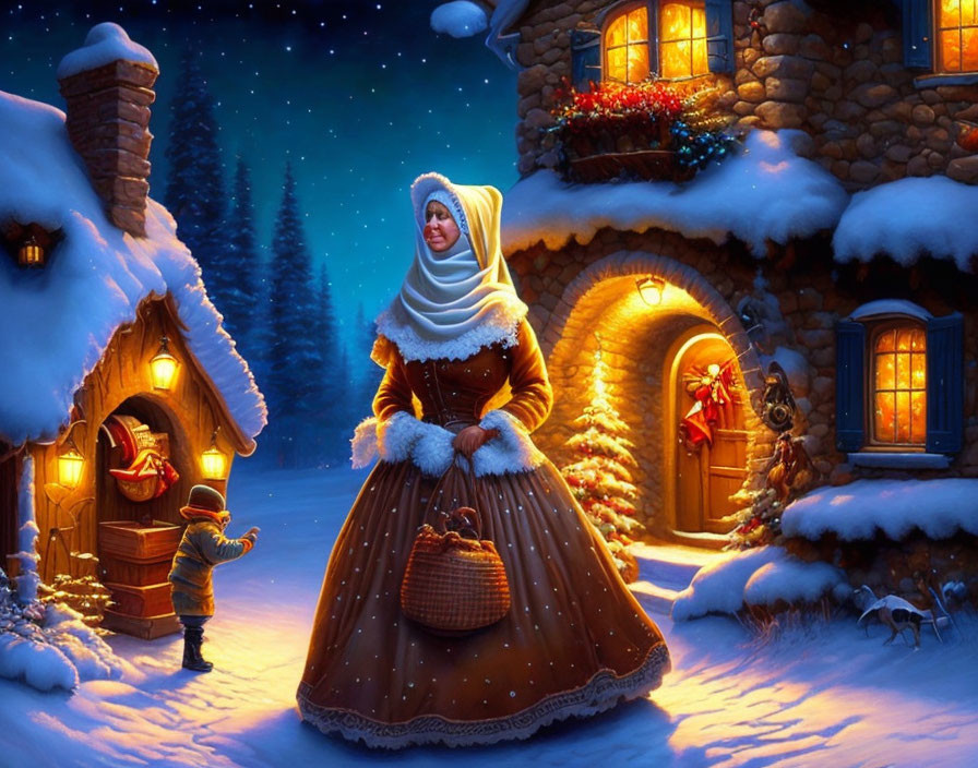 Woman in winter attire with basket in snowy village, child by doorway, and deer.