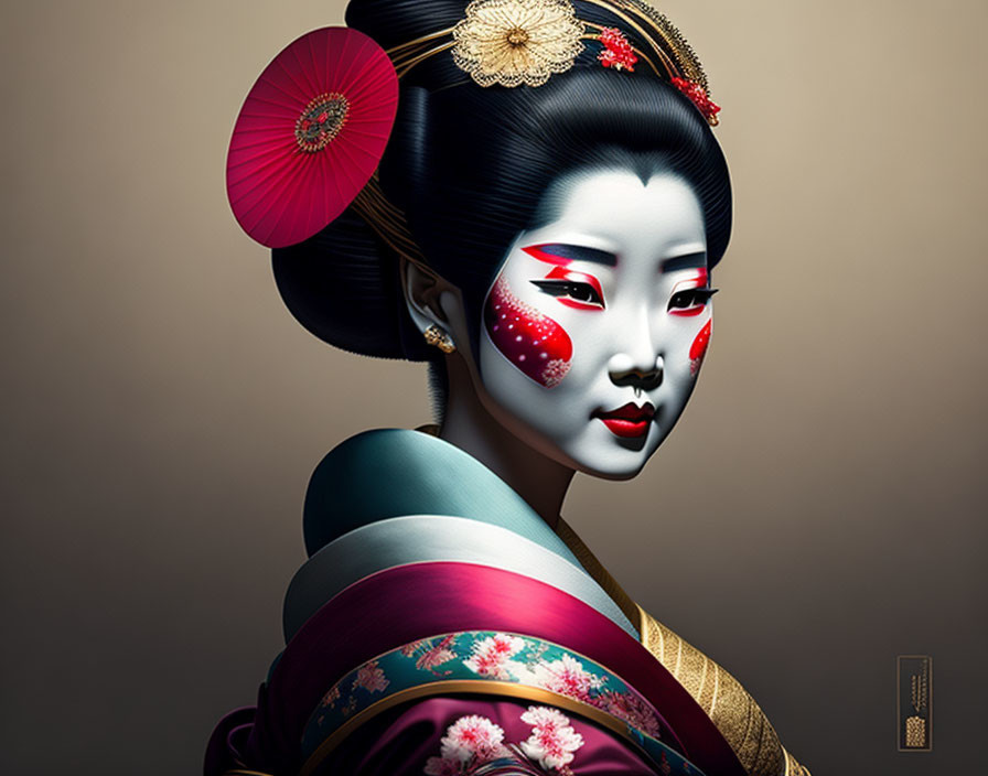 Traditional Japanese Geisha Attire Illustration on Neutral Background