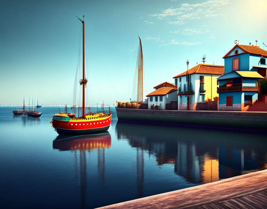 Coastal homes and sailboats under clear sky on calm water