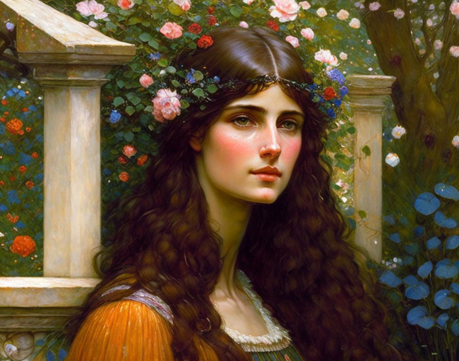 Woman with Long Wavy Hair and Floral Wreath by Stone Pillar