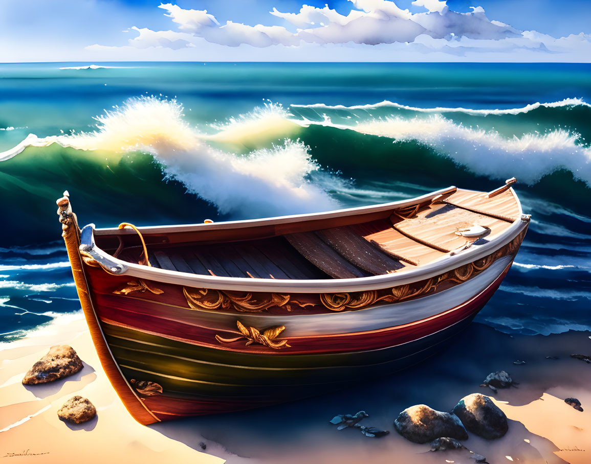 Detailed painting of solitary wooden boat on beach with ornate details, facing turbulent waves and cloudy sky