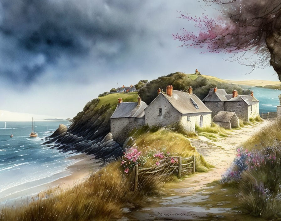 Traditional coastal cottages, blossoming tree, path to the sea - serene coastal landscape.