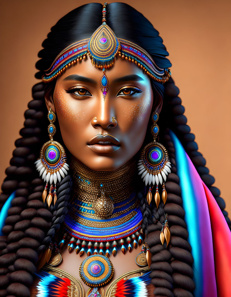 Vibrant digital artwork of woman in Tribal jewelry and makeup